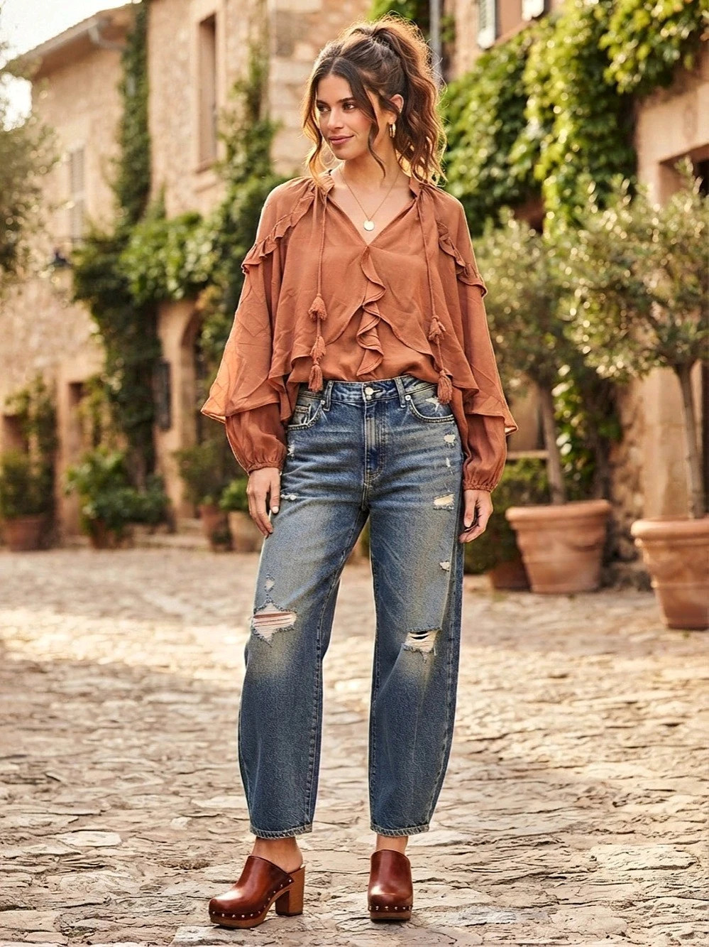 Boho Ruffle V-Neck Blouse Lantern Sleeve Tie Front Top - Cape Top S Cottagecore